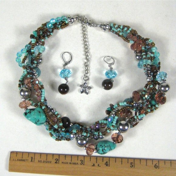 Set 3 Necklace  18 in Earrings Silvertone Multi- Strand Beaded Faux Stone Plasti - Picture 3 of 12
